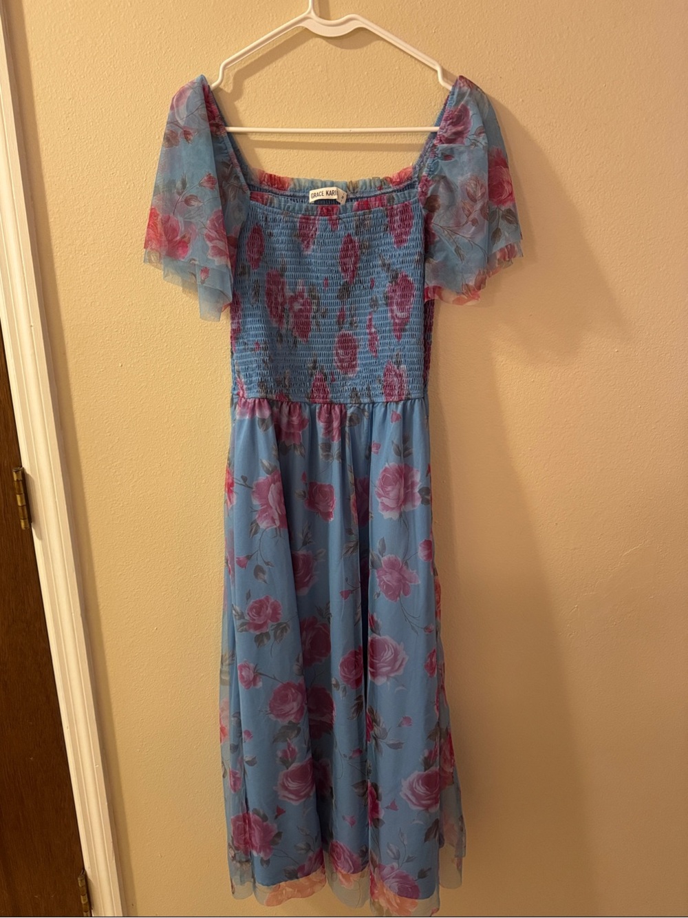 Grace Karin Blue Midi Dress with Pink Rose Print